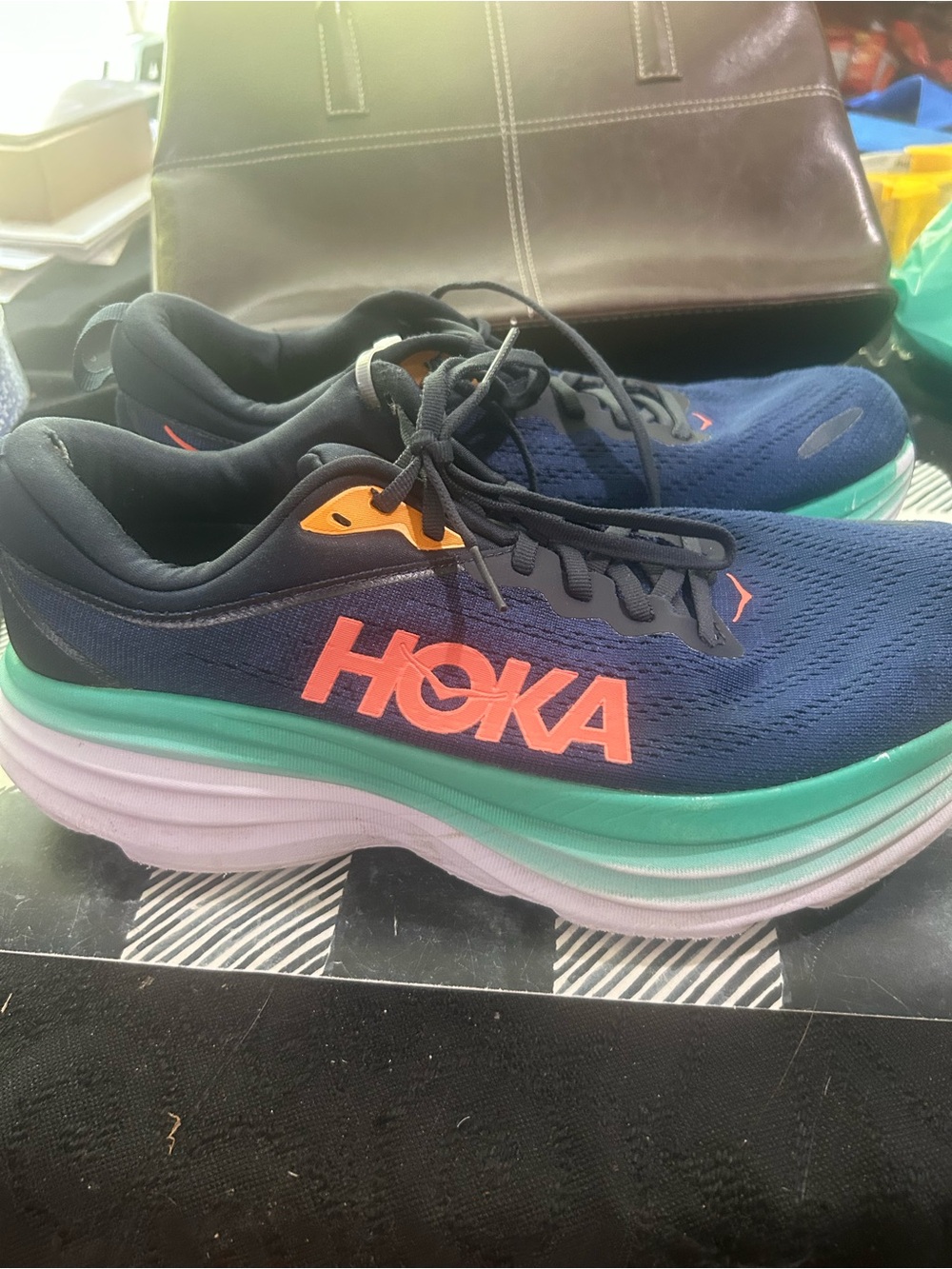 Hoka Navy Running Shoes with Coral Logo and Teal Midsole